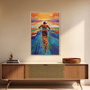 Man Swimming Sunset, Ocean Freedom Art, Tropical Wall Decor, Canvas Print, Bright Water Colors, Bold Bathroom Wall Art