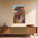 Rustic Balcony View, Desert Garden Colors, Southwest Home Art, Framed Canvas Print, Living Room Wall Art, Boho Summer Decor
