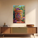 Floral Pot Still Life, Garden Patio Art, Colorful Ceramic Design, Framed Canvas Print, Kitchen Wall Art, Bohemian Home Style