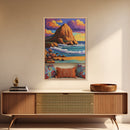 Sunset Beach, Cliffs, Waves, Framed Canvas Print vibrant coastal wall art, beach house decor, ocean cliffs, boho style, living room wall art