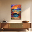 Sunset Lake Reflection, Fiery Sky, Tranquil Water, Mountain Glow, Framed Canvas Print, Bedroom Wall Art, Autumn Decor, Serene Art