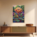 Large Lotus Flower, Tranquil Nature Art, Peaceful Botanical Scene, Framed Canvas Print, Boho Bathroom Wall Art, Zen Decor