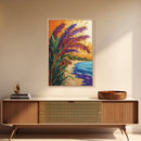 Vibrant Beach Grass, Sunset Ocean View, Coastal Wall Decor, Tropical Vibes, Framed Canvas Print, Summer Living Room Wall Art