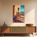 Tequila Bottle, Colorful Spirits, Bar Decor, Still Life, Framed Canvas Print kitchen wall art, Mexican bar art, fiesta rustic painting