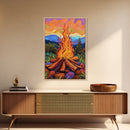 Flames Forest, Dusk, Firelight, Framed Canvas Print rustic bonfire wall art, forest painting, Autumn cabin decor, cozy living room wall art