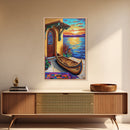 Lakeside Sunset, Canoe, Serenity, Framed Canvas Print, rustic lakefront, sunset art, cozy cabin vibe, boho lakehouse wall art, den art