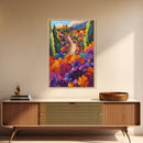 Village Flowers Path, Scenic Country Road Painting, Framed Canvas Print, Whimsical Boho Art, Kitchen Wall Decor, Mediterranean Style
