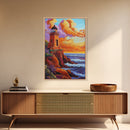 Lighthouse Sunset, Waves, Dramatic Coastal Sunset, Framed Canvas Print, Nautical Office Wall Art, Fall Coastal Decor, Bold Color Painting