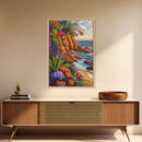 Tropical Coast, Flowers, Waves, Framed Canvas Print vibrant beach cliff wall art, coastal botanical boho decor, Living Room Wall Art