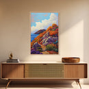 Autumn Cliffside, Trail, Ocean, Framed Canvas Print, fall coastal landscape, boho mountain decor, bold colors, seasonal Living Room art