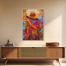 Woman, Hat, Mountains, Blanket, Canvas Print, Southwest-inspired woman with hat and blanket, rustic fall-themed living room wall decor