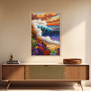Wave Bold, Ocean, Sunset, Framed Canvas Print, Sunset surf wave crashing on rocks with bold colors, perfect beach house wall art