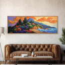 Coastal Forest, Sunset Beach, Lush Pines, Mountain Glow, Framed Canvas Print, outdoor art, nature landscape, hallway decor