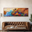 Wave and Flowers Painting, Sailboat Seaside Scene, Bold Floral Coastline Art, Framed Canvas Print, Bathroom Wall Art, Eclectic Art