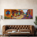 Coastal Village Street, Colorful Adobe Homes, Mediterranean Scene, Framed Canvas Print, Kitchen Wall Art, Rustic Living Room Decor