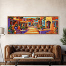 Colorful Village Lane, Bright Street Scene, Adobe Style Architecture, Framed Canvas Print, Boho Entryway Wall Art, Kitchen Decor