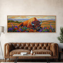 Resting Bison, Sunset Plains, Prairie Wildflowers, Framed Canvas Print, Autumn Decor, Western Wall Art, Cabin Living Room Accent