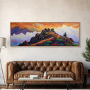 Mountain Peak Trail, Vibrant Sunset Hike Scene, Nature Adventure Wall Art, Framed Canvas Print, Boho Office or Den Decoration