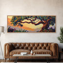 Majestic Tree Sunset, Enchanted Forest Landscape, Whimsical Nature Wall Art, Framed Canvas Print, Zen Bedroom or Entryway Decor