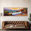 Ocean Wave Crash, Coastal Rock Shore, Vibrant Seascape Painting, Framed Canvas Print, Beach Bathroom or Nautical Living Room Art