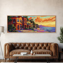 Coastal Village Sunset, Beach House Art, Vibrant Colorful Home Decor, Tropical Wall Style, Framed Canvas Print, Vacation Vibes