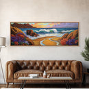 Coastal Wave, Bold Surf, Rocky Sunset, Flower Shoreline, Framed Canvas Print, Nautical Art, Bathroom Beach Landscape Decor