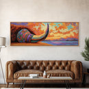 Longhorn Skull, Sunset Sky, Boho Western, Tribal Texture, Framed Canvas Print, Desert Wall Art, Living Room Decor, Southwestern Vibe