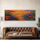 Golden Horizon Path, Vibrant Floral Border, Nature Sunset Painting, Framed Canvas Print, Bedroom Wall Art, Warm Color Landscape