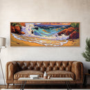 Wave Crash, Rocky Beach, Golden Coast, Tropical Splash, Framed Canvas Print, Coastal Wall Art, Bold Bathroom Decor, Surf Art Style