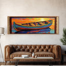 Colorful Boat, Sunset Reflection, Vibrant Seascape, Canvas Print, Nautical Living Room Wall Art, Coastal Decor, Bold Modern Art