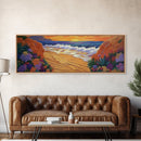 Tropical Cove, Sunset Beach, Colorful Blooms, Coastal Escape Framed Canvas Print, Bedroom Wall Art, Bold Landscape Painting