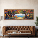 Seaside Trees, Autumn Canopy, Ocean View, Coastal Path, Framed Canvas Print colorful fall wall art, entryway decor, boho nature scene