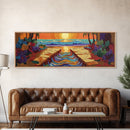 Sunset Path, Ocean View, Tropical Flowers, Canvas Print, Vibrant Beach House Wall Art, Bold Color Decor, Coastal Living Room Art