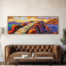 Rocky Coastal Path, Sunset Cliff Art, Vibrant Mountain Scene, Adventure Nature Decor, Framed Canvas Print, Fall Living Room Art