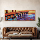 Vibrant Dock Sunset, Painted Pier, Ocean Reflections, Warm Horizon, Framed Canvas Print, Beach House Wall Art, Nautical Scene