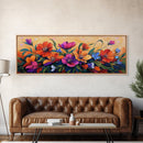 Vibrant Floral Burst, Sunset Garden, Colorful Flowers, Bold Leaves, Canvas Print, Living Room Wall Art, Boho Botanical Style