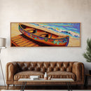 Floral Canoe Painting, Beachside Dock Art, Coastal Decor Accent, Canvas Print, Nautical Wall Art, Boho Beach House Living Room