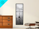 Pipeline Perspective, Industrial Seascape, Grunge Aesthetic, Framed Canvas Print, Coastal industrial art, Minimalist hallway decor, Monochrome print