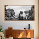 Misty Coastal Cliffs, Ocean Horizon, Monochrome Art, Nature Landscape, Canvas Print, Rustic Living Room Decor, Moody Wall Art, Black and White