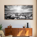 Pebble Beach Sunrise, Serene Rock Shore, Ocean Horizon Light, Framed Canvas Print, Bathroom Wall Art, Minimalist Coastal Decor