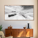 Snowy Coastal Boat, Rustic Winter Landscape, Farmhouse Wall Art, Neutral Tones, Canvas Print, Entryway or Fall Seasonal Decor