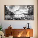 Forest Lake Serenity, Monochrome Nature, Tranquil Landscape, Canvas Print, Lodge Wall Art, Minimalist Cabin Decor, Black White