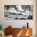 Tropical Beach View, Palm Tree Paradise, Black and White Island, Coastal Wall Decor, Canvas Print, Boho Living Room Art, Office Wall Art