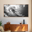 Jellyfish In Light, Ocean Life Art, Monochrome Sea Creature, Canvas Print, Coastal Bathroom Wall Art, Marine Modern Decor, Office Wall Art