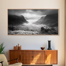 Foggy Valley, Highland Mist, Mountain View, Serene Landscape, Framed Canvas Print, Office Wall Art, Nature Escape, Zen Mountains
