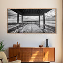 Gazebo By Water, Serene Lake View, Rustic Deck Canvas Print, Minimalist Landscape Wall Art, Neutral Bedroom, Tranquil Home Decor