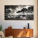 Tree Silhouettes, Coastal Pines Sunset, Nature Path Scene, Framed Canvas Print, Autumn Living Room or Rustic Cabin Wall Decor