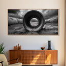 Storm Drain Pipe, Industrial Perspective, Moody Cloudscape, Framed Canvas Print, Urban Loft Decor or Dramatic Modern Wall Art