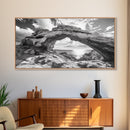 Natural Rock Arch, Seaside Cliff View, Desert Coastal Window, Framed Canvas Print, Boho Earth Tones, Living Room Wall Decor