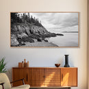 Rocky Shore, Coastal Forest, Black White Landscape, Nature Wall Decor, Framed Canvas Print, Cabin Living Room Art, Fall Inspired Scene